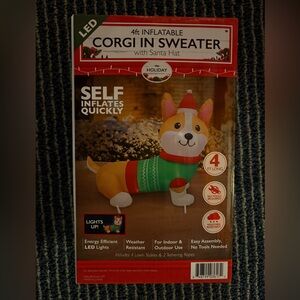 NIB Christmas 4FT Inflatable Corgi In Sweater With Santa Hat With Led Lights